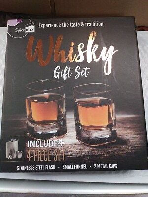 Spice Box Whiskey Gift Set 4 Pc Steel Flask Funnel 2 Metal Cups and Guide Book