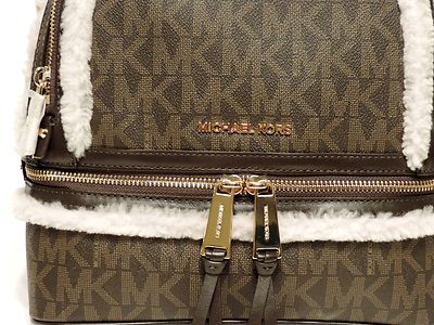 NEW MICHAEL KORS MD RHEA FUR TRIM BROWN PVC Monogram 