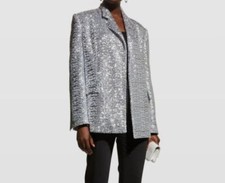 $1175 Itmfl Women's Silver Claudia Sequined Open-front Blazer Jacket Size L