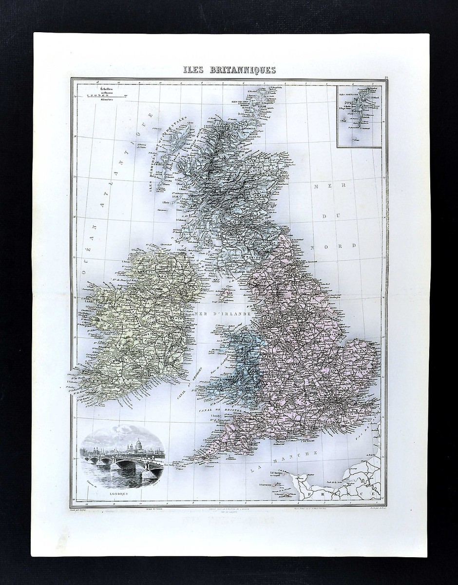 アート・デザイン・音楽 Early Printed Maps of the British Isles 1880 Migeon Map - British Isles - England Wales Scotland London