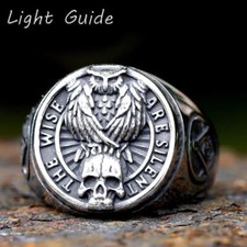 Stainless Steel Owl Skull Masonic Square Compass Ring for Men Amulet Jewelry
