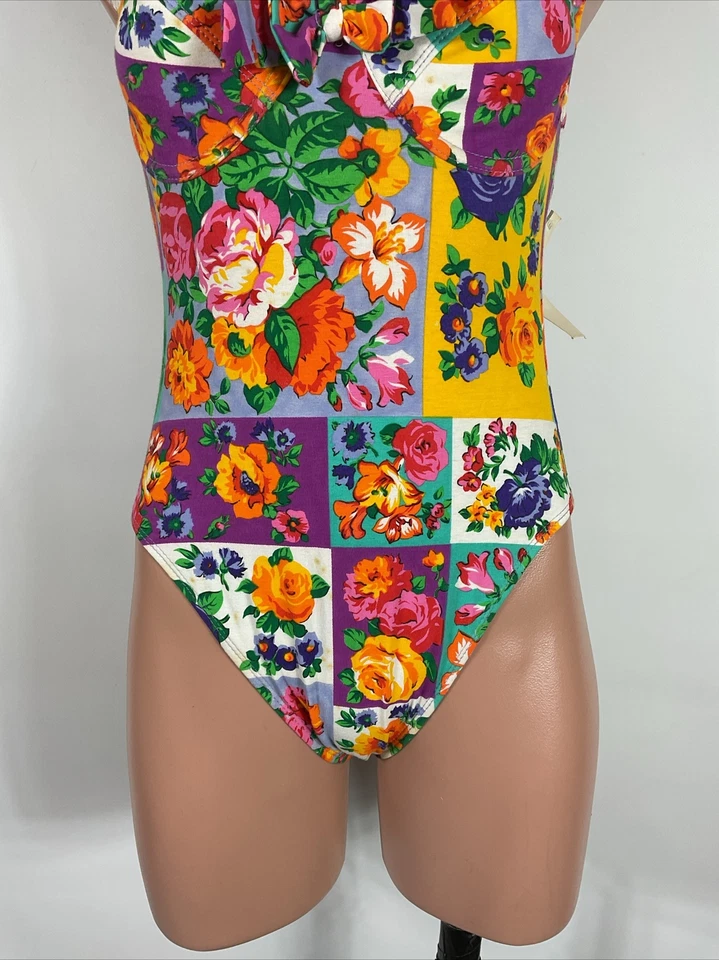 NEW VINTAGE Anne Cole Bathing Suit Size 12 Ivory Rose 1 Piece Underwire Hi Cut - Image 4 of 4