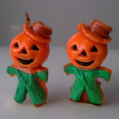 Vintage Gurley Pumpkin Man Jack-o-Lantern Candles w/ Hat   1960s Halloween Pair