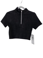 ALO YOGA Black Micro Corduroy Winter Break Mock Neck Zip Up Short Sleeve Top S