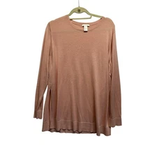 H M Womens Pink Knit Sweater Tunic Side Slits Long Sleeve Crew Neck XL