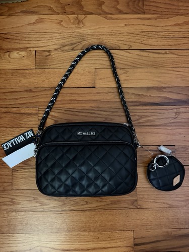 New NWT MZ Wallace Black Leather Quilted Camera Bag Purse Tote Coin Round Chain