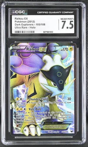 2012 Pokemon Raikou EX Full Art 105/108 Black & White Dark Explorers CGC 7.5 NM