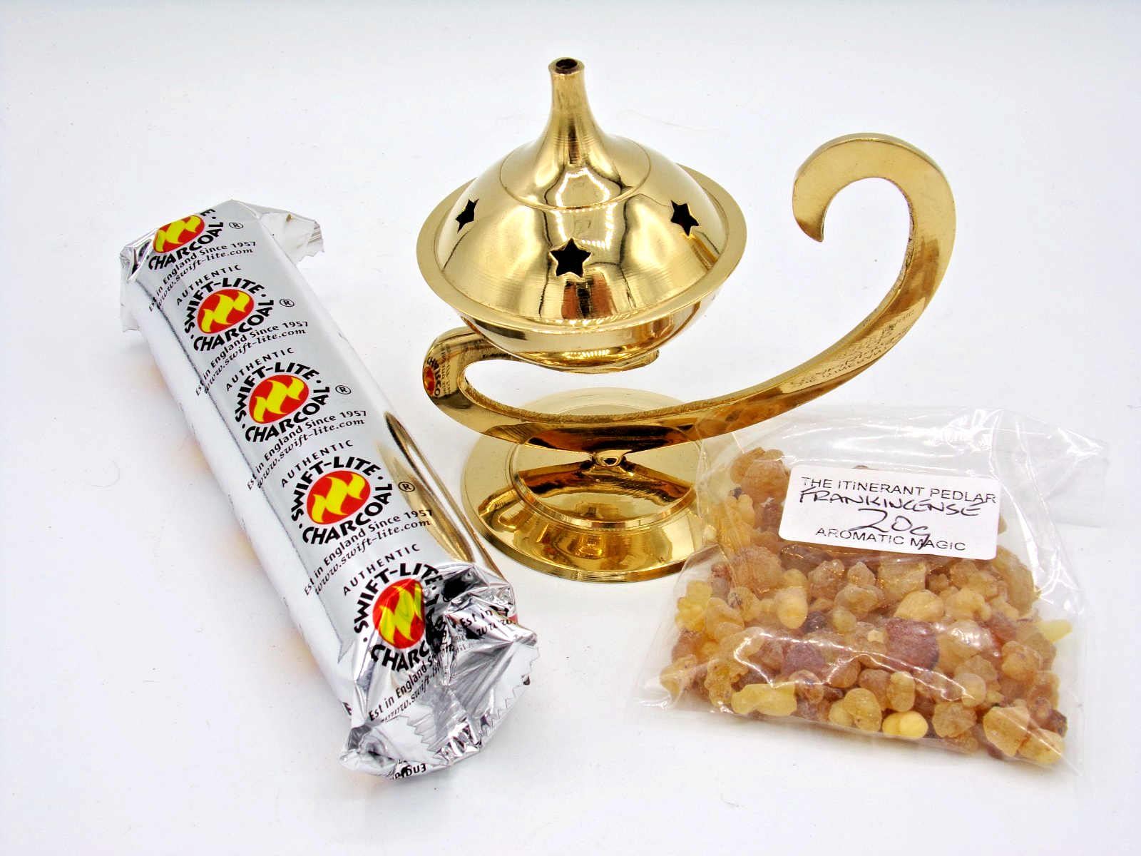 Aladdin Brass Incense Burner Set with 20grams Frankincense and 10 charcoal Discs