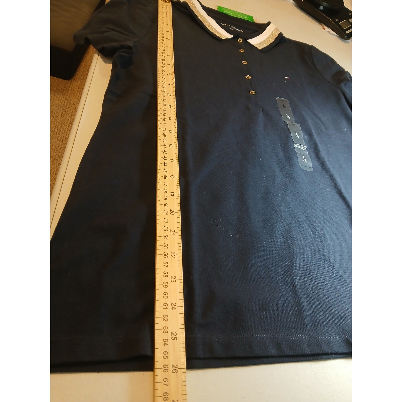 Tommy Hilfiger Heritage Polo Shirt Navy Gold Metallic Stripe Womans Large Preppy thumbnail 7