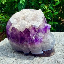 714g Amethyst agate crystal cave skull, Rare hand carved skull specimen