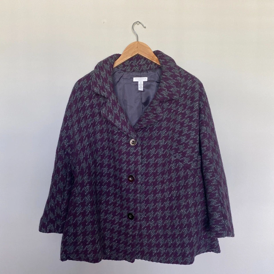 Abrigo Charter Club Mujer Talla 2X Púrpura Mezcla Lana Pata de Gallo Metálico Abstracto Foto 2 de 4