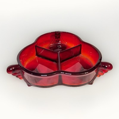 Duncan & Miller Art Deco Ruby Red Footed Divided Relish Glass Dish