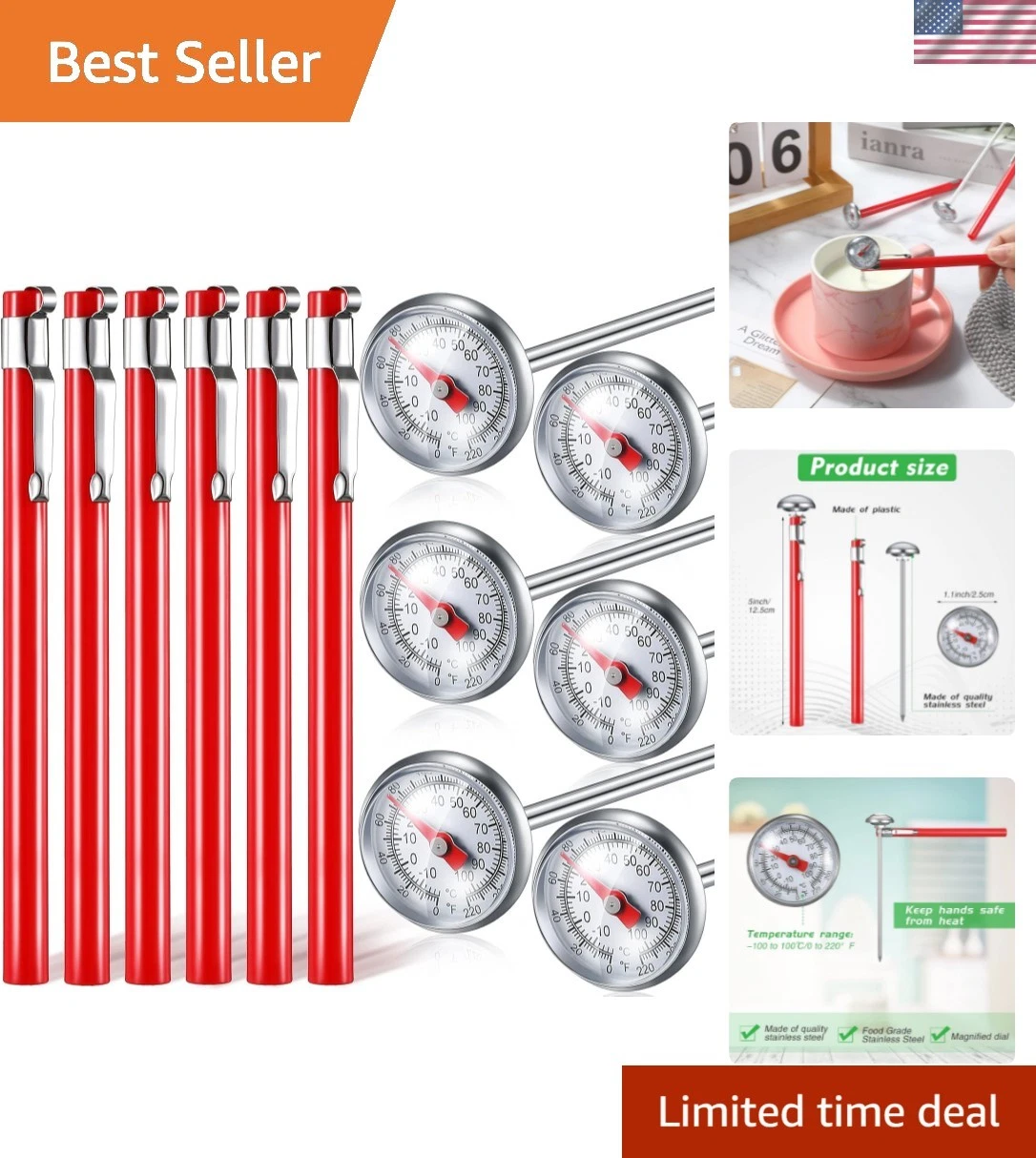 Professional Quality 6-Piece Cooking Thermometers - 1" Dial & Waterproof Design