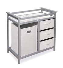 Sleek Gray and White Baby Changing Table with Hamper and 3 Drawers - Safe Design