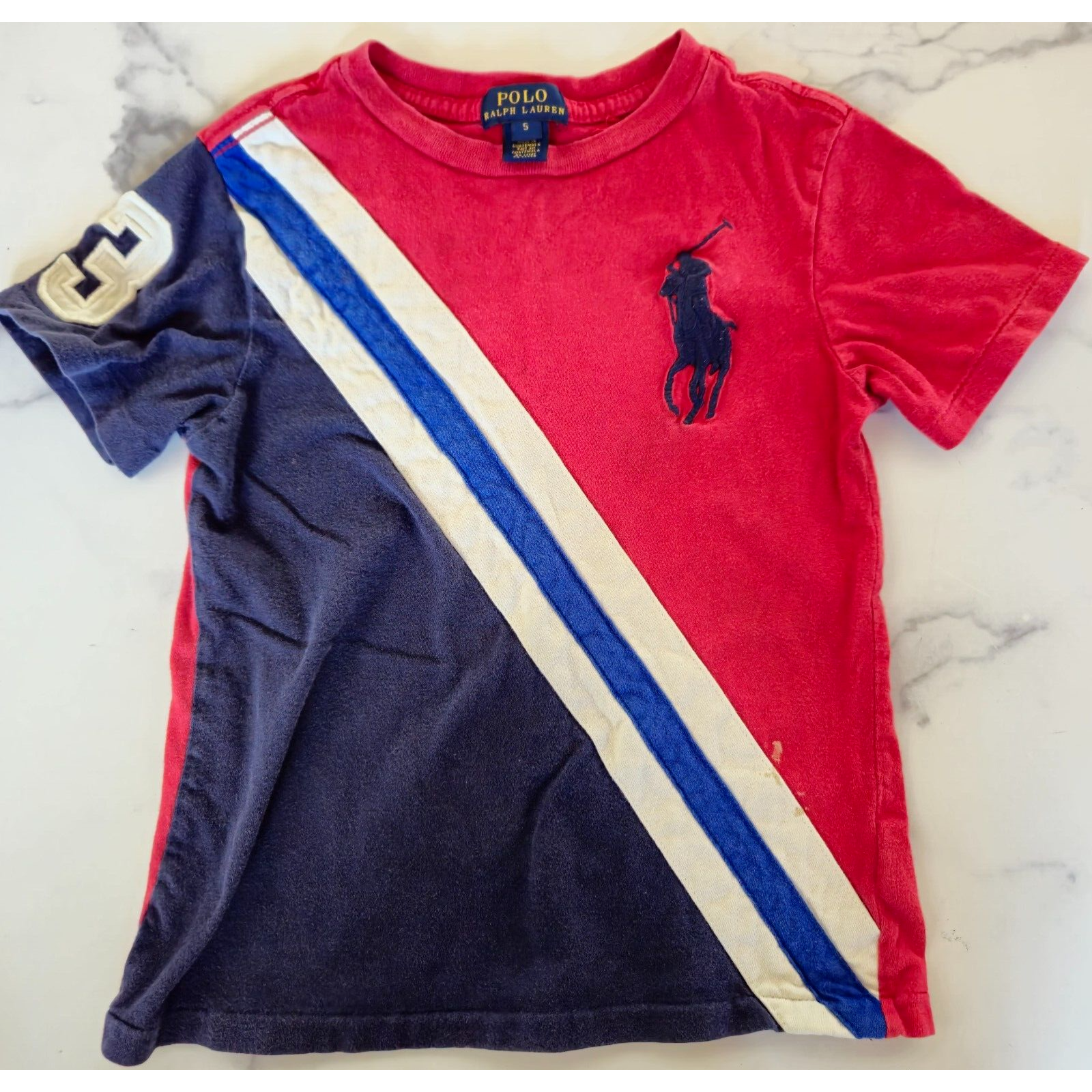 Polo Ralph Lauren ragazzo t shirt 5 rosso navy colorblock big pony casual preppy Y2K