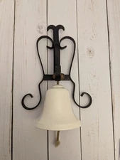 Vintage White Ceramic Dinner Bell W/ Wrought Iron Bracket Rustic Farm House