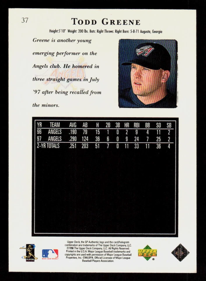 1998 SP Authentic Todd Greene #37  Baseball  Anaheim Angels - Image 2 of 2