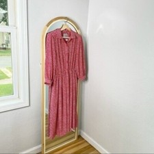 Vintage red leaf button up house dress, women's size medium