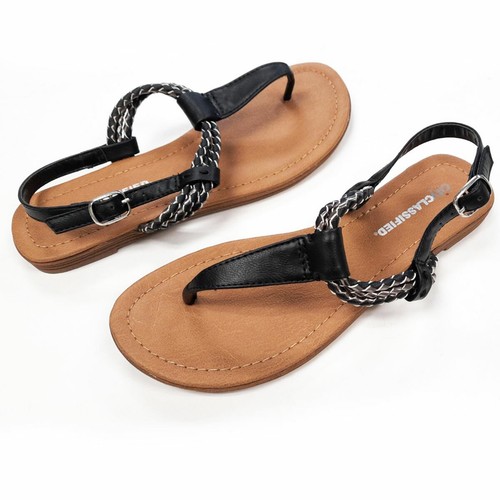 Women Black Braided T-strap Thong Slip 