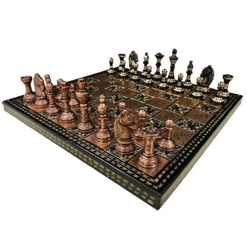 Juego de piezas y tablero de ajedrez de metal de latón de 12" tallado a mano cobre negro - Caja de almacenamiento Foto 2 de 4