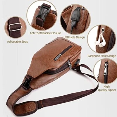 Leather Sling Bag Mens Crossbody Bag Chest Medium Verticalzipper/Light Brown - 第 2/7 张图片
