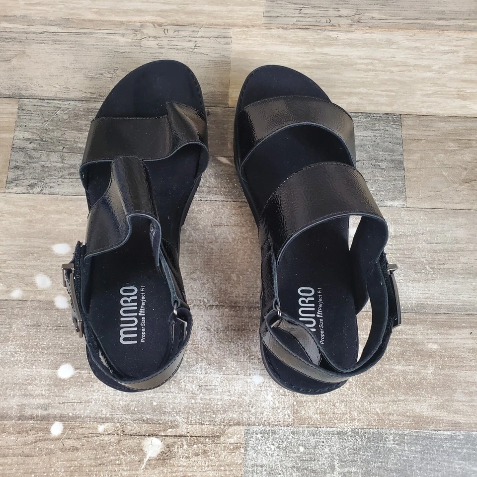 Munro Teagan Womens Sandals Sz 8 WW Black Crinkle Patent Leather Ankle Strap - Image 4 of 4