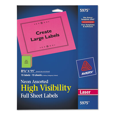 Avery High Visibility Rectangle Laser Labels 8 1/2 x 11 Assorted Neons 15/Pack