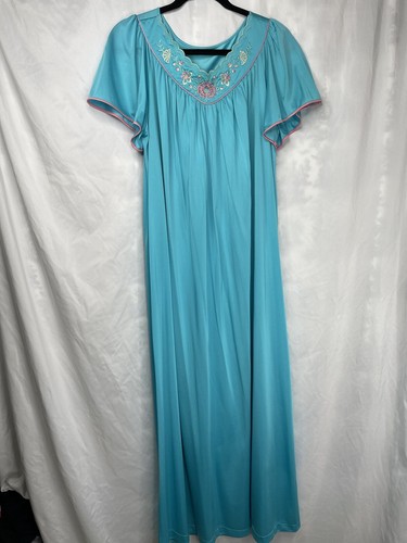 Vtg Shadowline Nylon Long Nightgown Blue Embroidered Flutter Sleeve Women Medium