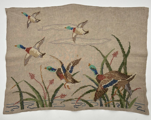 Primitive Mallard Ducks In Flight Beige Linen Crewel Wall Art Finished Piece