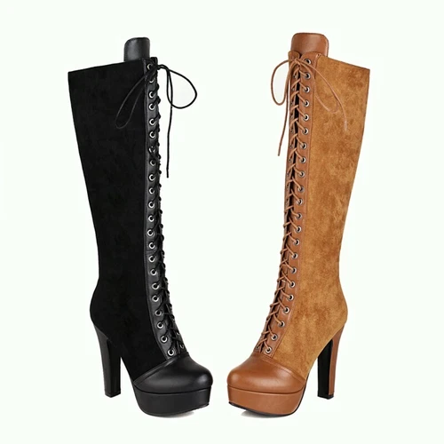 Womens Knee High Boots High Block Platform Heels Round Toe Lace Up Zipper Shoes - Picture 4 of 16