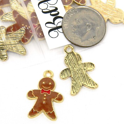 10 Gold Plated Brown & Red Enamel 3/4'' Gingerbread Man Christmas Cookie Charms
