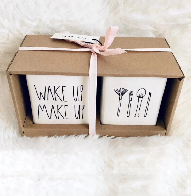 Rae Dunn WAKE UP MAKE UP Gray Brush Holder Organizer Cups 2 PC Gift Set NIP