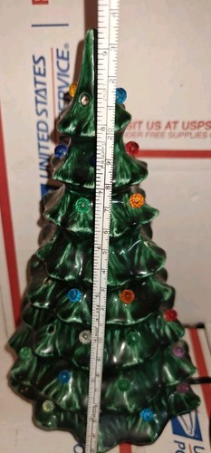 Vintage grüner Keramik Weihnachtsbaum kleine bunte Lichter auf Sockel 9" - Bild 3 von 4