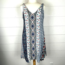 Blush Dress Womens Small Blue Mini Sleeveless V Neck Floral Aztec Fringe Casual