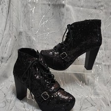 Women's Black Sequin Lace-Up Buckle Block Heel Ankle Booties