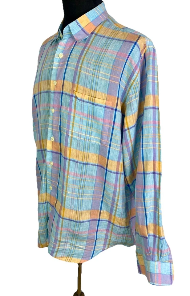 Camisa Mine Para Hombres XL Madras Cuadros 100% Lino Ligera Oculta Con Botones Foto 2 de 4