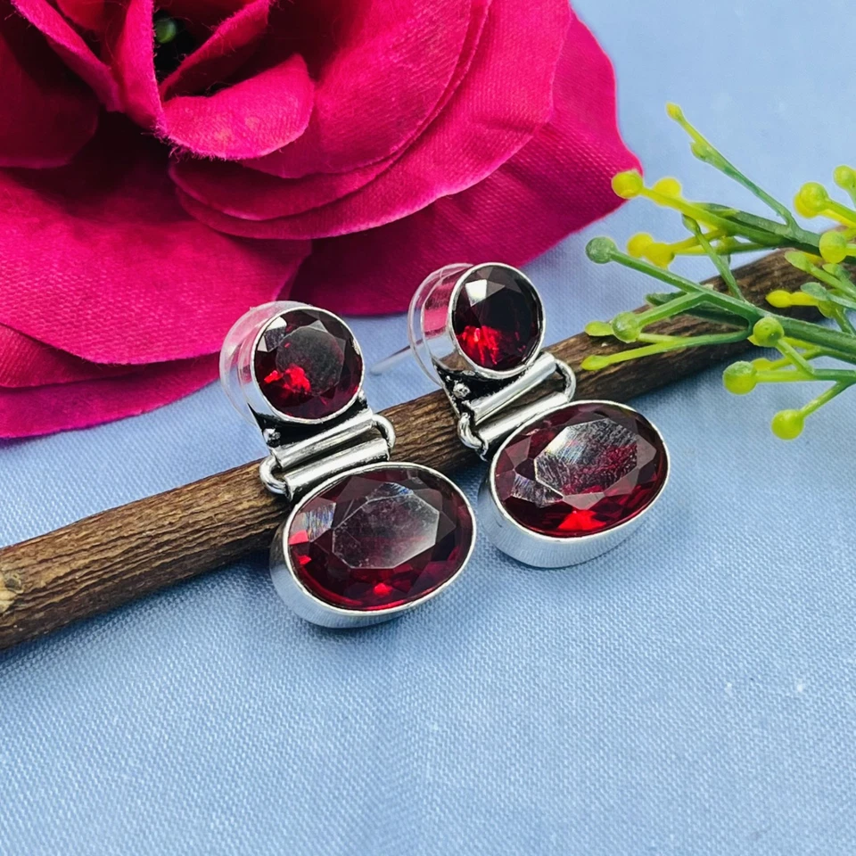 Pendientes colgantes de plata de ley 925 de Mozambique granate piedras preciosas joyería Foto 3 de 4