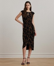 Ralph Lauren Women's Tie Front Jersey Dress Belting Print Black/Tan Size 4 NWT 