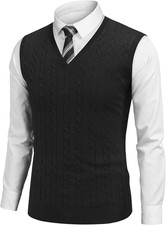 Men'S Sweater Vest Cable Knitted V Neck Slim Fit Sleeveless Large Black