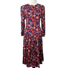 Vintage Talbots Floral Dress Floral Midi Pink Purple Long Sleeve Pleats Womens 6