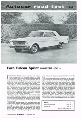 FORD FALCON SPRINT CABRIO 1963 PERIODE STRASSENPRÜFBERICHT (NACHDRUCK)
