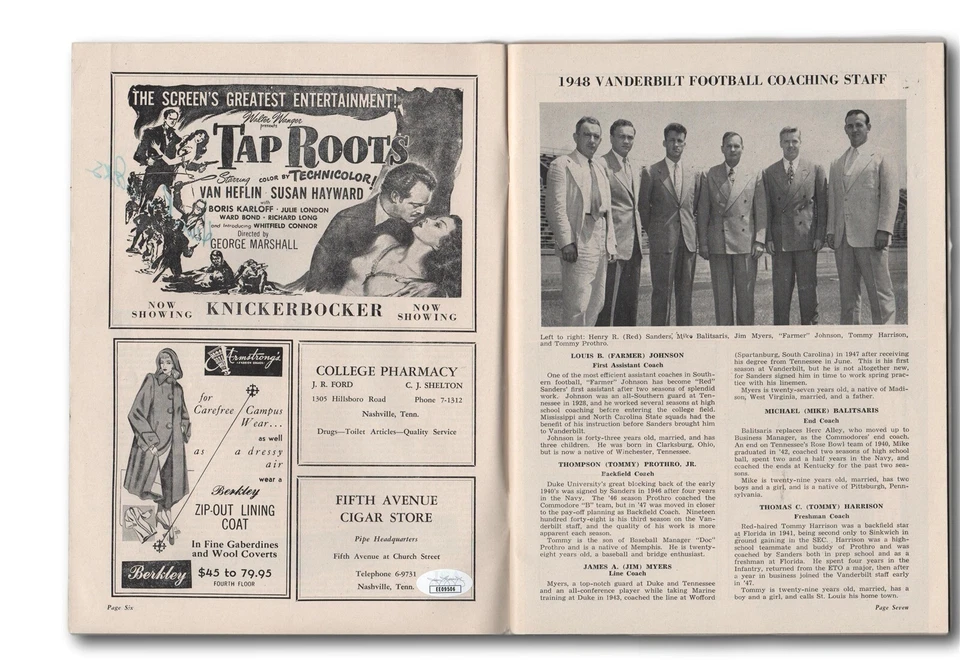 Henry "Red" Sanders Signed 1948 Vanderbilt v Georgia Tech Football Program JSA - Image 3 of 4