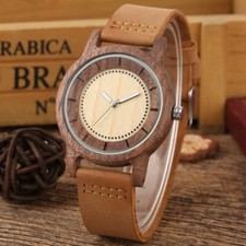 Men's Wooden Watch Handmade Natural Wood Leather Strap Bamboo Quartz Watches