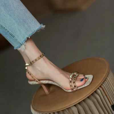 Women's Rivet Sandals Belt Buckle High Heels Square Toe Sexy Pumps Stilettos