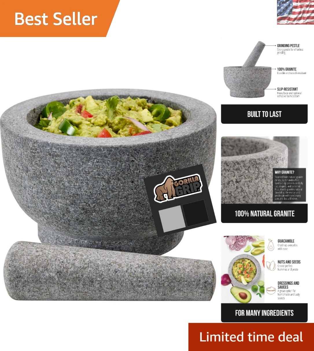 Versatile 1.5 Cup Granite Mortar and Pestle - Ideal for Salsas & Spice Grinding