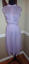 50s 60s VTG Cotton Violet Gingham Nip Waist Blouse  Pleated Skirt 2 Pc Set S