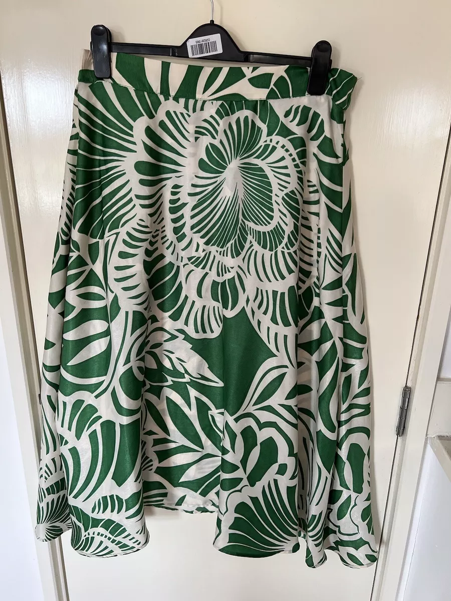 Topshop Satin Green Cream Abstract Print Fit And Flare Midi Skirt