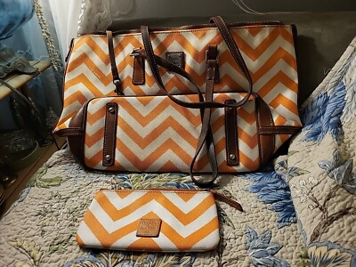 Dooney Bourke orange and white chevron tote bag w/coin purse