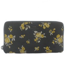 Coach PVC Leather Wallet Black Yellow Floral Print Long Unisex Excellent
