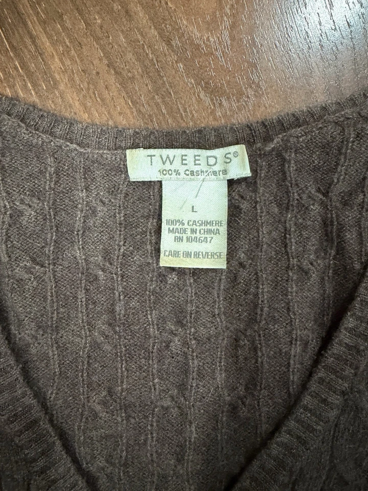 Tweeds 100% Cashmere Sweater L Brown Heather Pullover Cable Knit V-Neck - Image 2 of 4